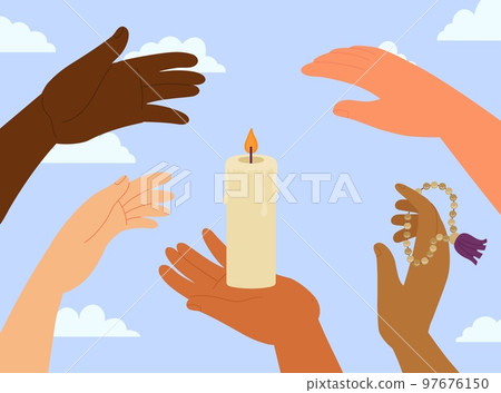 Hands saving holy fire from wind. Hand hold wax candle with flame, international support and saving. People together vector metaphor, memory and relationship 97676150