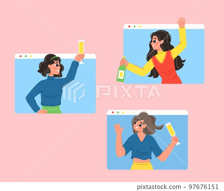 Female online party with drinks. Happy girls in web windows hold glasses and champagne. Birthday or womans day, vector hen-party concept 97676151