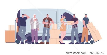 Delivery team and customers. Logistic service, man with parcels, old woman and mother with baby on hands. Shipping vector concept 97676152