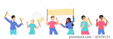 Cartoon happy teenagers holding banners and flags. Teens celebrating, demonstration or festival characters. Cute flat boys and girls young adults crowd 97676153