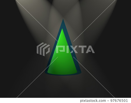 Cones and transparent membranes illuminated by spotlights. Green. 3DCG. Cones and transparent membranes illuminated by spotlights. Green. 3DCG. 97676501