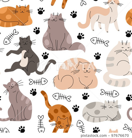 Cats flat seamless pattern. Doodle cat, fluffy pets cartoon isolated. Decorative kittens fabric print, childish racy vector background with animals 97676670