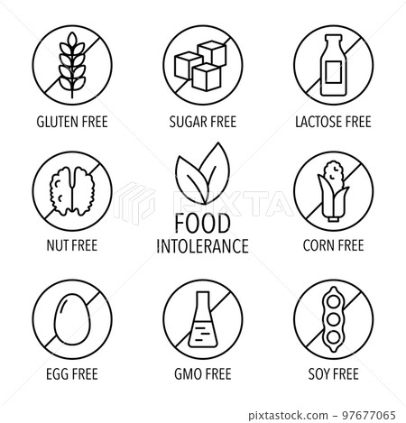 Set of isolated vector label icons for packaging design of food intolerance and diet food. No wheat. Gluten, sugar free, lactose intolerant Set of isolated vector label icons for packaging design of food intolerance and diet food. No wheat. Gluten, sugar free, lactose intolerant 97677065
