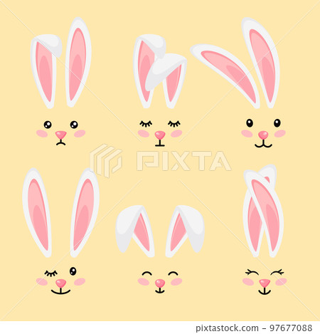 Funny bunny face filter masks. Rabbits ears with eyes and whiskers, cute white easter hare happy animal head 97677088