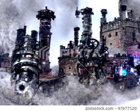 Generative AI illustration of a steampunk mechanical themed mediaeval castle with smoke stack turrets.  97677120