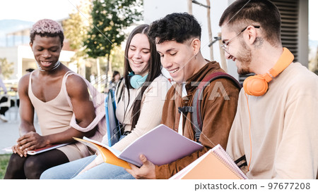 Multiracial group of friends studying together sitting in a park Multiracial group of friends studying together sitting in a park 97677208