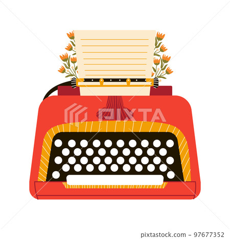 Cozy retro red typewriter with leaves, branches and flowers isolated on white background Cozy retro red typewriter with leaves, branches and flowers isolated on white background 97677352