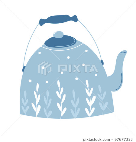 Cozy ceramic blue teapot with leaves isolated on white background Cozy ceramic blue teapot with leaves isolated on white background 97677353