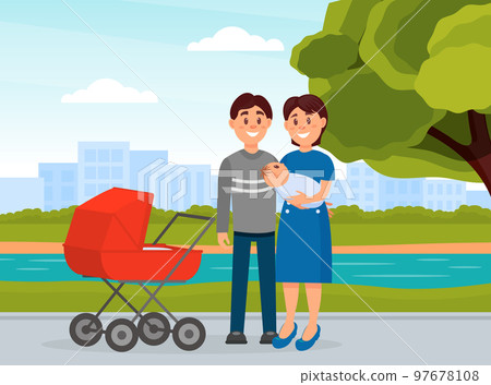 Happy young family walking with baby stroller in park. Family couple with their newborn baby cartoon Happy young family walking with baby stroller in park. Family couple with their newborn baby cartoon 97678108