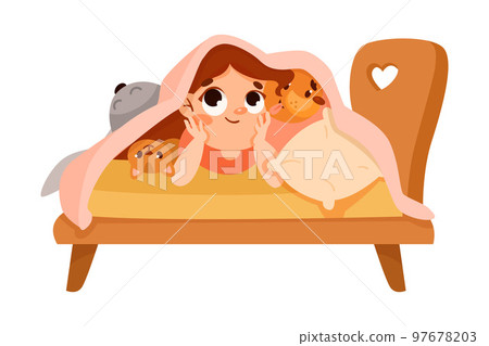 Little Girl on Bed Under Blanket Playing Hide and Seek Game and Having Fun Vector Illustration 97678203