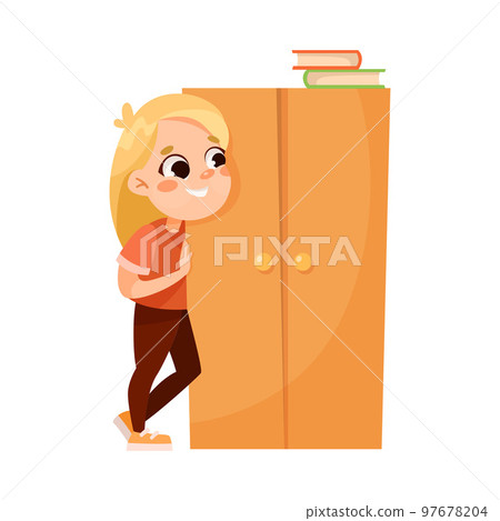 Little Girl Behind Wardrobe Playing Hide and Seek Game and Having Fun Vector Illustration 97678204