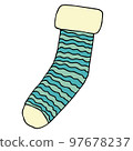 Knitted striped sock in turquoise, blue with a fluffy soft elastic band. ., Illustration 97678237