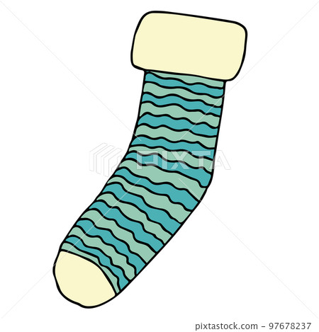 Knitted striped sock in turquoise, blue with a fluffy soft elastic band. ., Illustration Knitted striped sock in turquoise, blue with a fluffy soft elastic band. ., Illustration 97678237