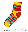 Knitted sock knit yellow with red and yellow stripes.., Illustration 97678238