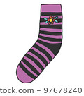 Warm knitted sock with black and pink stripes and a flower on the side.., Illustration 97678240