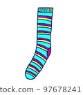 Knitted sock knit blue with red and yellow stripes.., Illustration 97678241