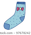 Knitted sock knit Light blue with dark dots and a red bow.., Illustration 97678242