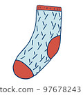 Knitted sock knit blue with an elastic band, heel and toe in red. Illustration 97678243