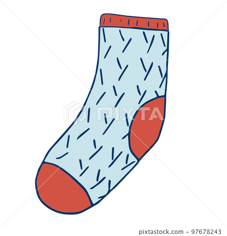 Knitted sock knit blue with an elastic band, heel and toe in red. Illustration Knitted sock knit blue with an elastic band, heel and toe in red. Illustration 97678243