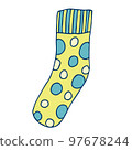 Knitted sock knit yellow with blue polka dots.., Illustration 97678244