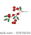 A cluster of red berries with green leaves. Illustration, sketch 97678250