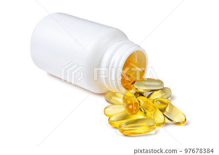 Vitamin D3, omega 3 fish oil supplement softgel capsules in bottle, isolated on white background 97678384
