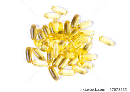 Omega 3 fish oil supplement softgel capsules isolated on white background Omega 3 fish oil supplement softgel capsules isolated on white background 97678385