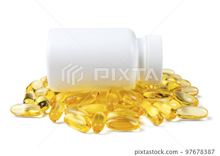 Omega 3 fish oil softgel capsules in bottle, isolated on white background Omega 3 fish oil softgel capsules in bottle, isolated on white background 97678387