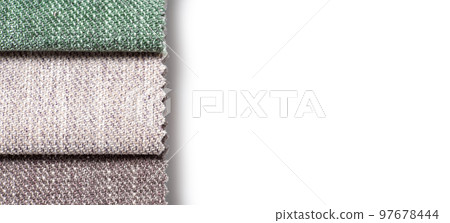 Multi colored set of upholstery fabric samples for selection, collection of textile swatches 97678444