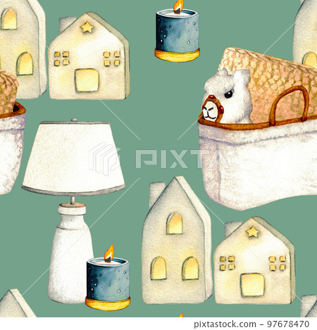 Pattern. Wicker basket, electric lamp, toy lama. Watercolor illustration interior of living room. Clipart. Home decor elements on a white background. Interior Children's room. 97678470