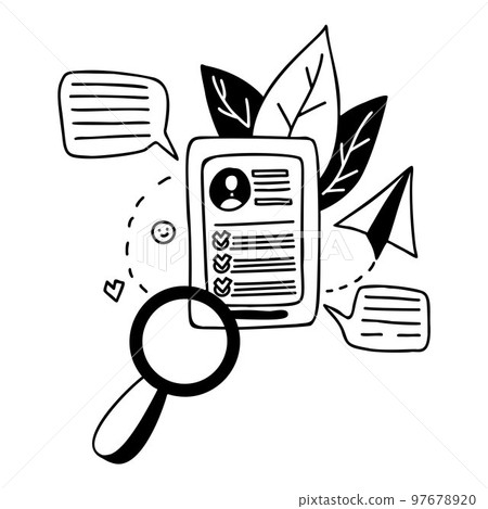 Job search. Consideration of resume, candidates document and online interview. Vector illustration in doodle style. Concept of modern job search online. 97678920
