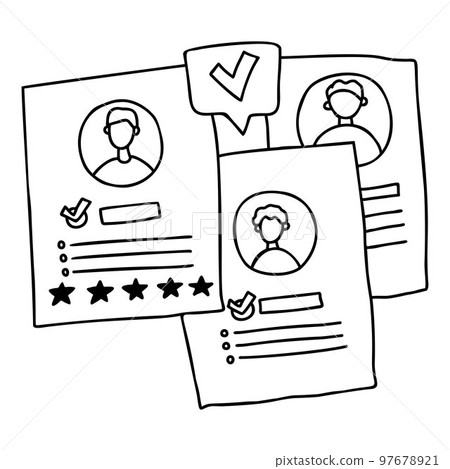 Job search. Consideration of resumes male candidates for vacancies, documents, questionnaires with a rating. Vector illustration doodle. concept of recruitment, search and selection of job seekers. Job search. Consideration of resumes male candidates for vacancies, documents, questionnaires with a rating. Vector illustration doodle. concept of recruitment, search and selection of job seekers. 97678921
