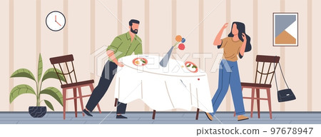 Spouses quarrel. Couple sort out relationship, woman and man arguing in room, family scandal and marital showdown, unhappy marriage, domestic abuse, nowaday vector cartoon flat concept Spouses quarrel. Couple sort out relationship, woman and man arguing in room, family scandal and marital showdown, unhappy marriage, domestic abuse, nowaday vector cartoon flat concept 97678947