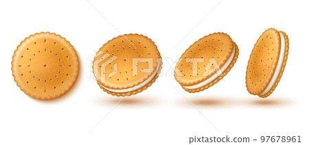 Round sandwich cookies. Realistic dry biscuits cream sandwiches, different viewing angles, cracker with holes, sweet delicious snack, bakery confectionery product icon, utter vector 3d set 97678961