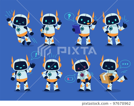 Robot mascot. Cute toy, cartoon cyborg character, different poses and actions, funny emotional android. Artificial Intelligence computer assistant. Chat bot, support service, tidy vector set Robot mascot. Cute toy, cartoon cyborg character, different poses and actions, funny emotional android. Artificial Intelligence computer assistant. Chat bot, support service, tidy vector set 97678962