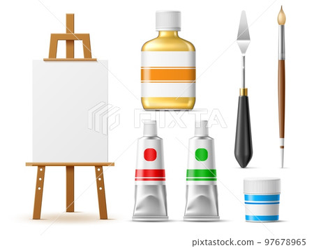 Realistic painter tools. Art supplies and equipments, oil and solvent, gouache jar and paintbrush, palette knife and easel with canvas, 3d isolated elements, artist instrument utter vector set 97678965