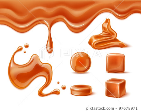 Realistic caramel. Sweet dessert component, milk and sugar candy base, melting liquid, fluid and pieces, 3d smudges and puddle, round candies and cubes, 3d isolated elements utter vector set Realistic caramel. Sweet dessert component, milk and sugar candy base, melting liquid, fluid and pieces, 3d smudges and puddle, round candies and cubes, 3d isolated elements utter vector set 97678971