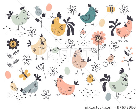Cartoon funny chicken characters. Decorative domestic birds, laying hens, cockerels and eggs, cute easter holiday elements, hand drawn spring flowers and leaves tidy vector cartoon flat set 97678996