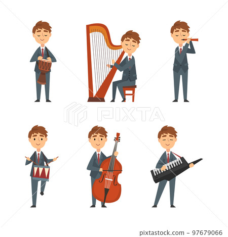 Young Man in Suit and Tie Playing Musical Instrument Performing Concert on Stage Vector Set 97679066