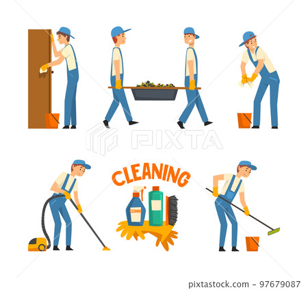 Cleaning Service with Man Doing Domestic Chores and Housekeeping Vector Set 97679087