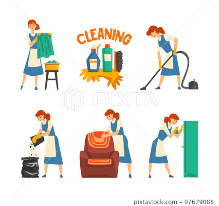 Cleaning Service with Woman Doing Domestic Chores and Housekeeping Vector Set 97679088