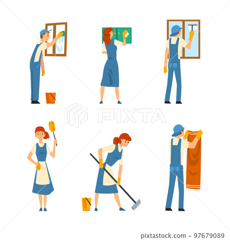 Cleaning Service with Man and Woman Doing Domestic Chores and Housekeeping Vector Set Cleaning Service with Man and Woman Doing Domestic Chores and Housekeeping Vector Set 97679089