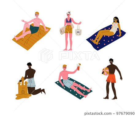 Man and Woman Character Having Summer Vacation on Sea Shore Wearing Swimsuit and Sunbathing Vector Set 97679090
