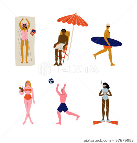 Man and Woman Character Having Summer Vacation on Sea Shore Wearing Swimsuit and Sunbathing Vector Set 97679092