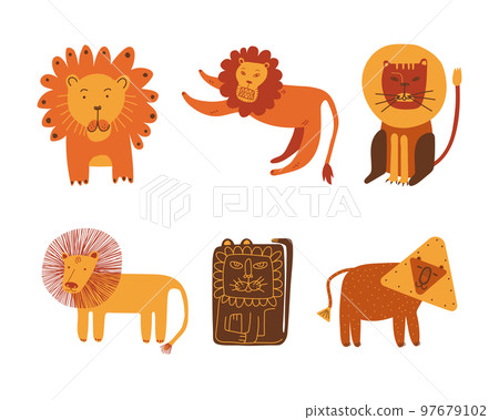 Funny Lion as African Animal with Mane Doodle Vector Set 97679102