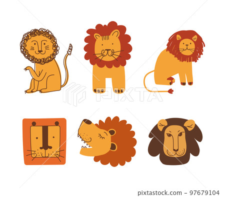 Funny Lion as African Animal with Mane Doodle Vector Set 97679104