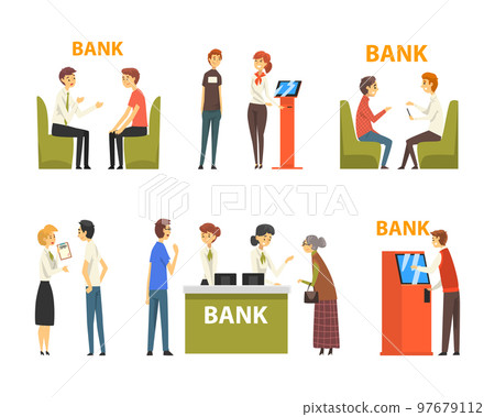 People Characters at Bank Getting Services Talking to Consultant Vector Set 97679112