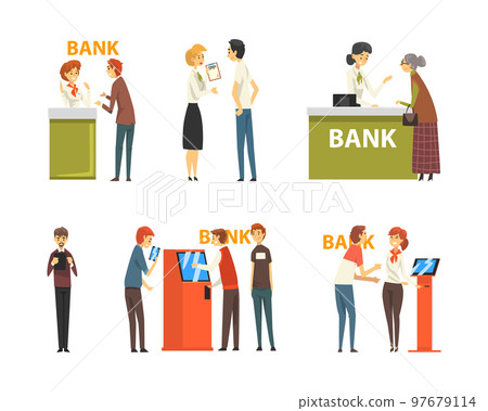 People Characters at Bank Getting Services Talking to Consultant Vector Set People Characters at Bank Getting Services Talking to Consultant Vector Set 97679114