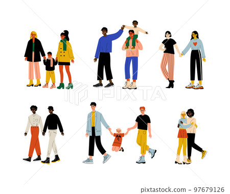 Homosexual Couple Embracing and Holding Hands Walking Together Vector Set 97679126