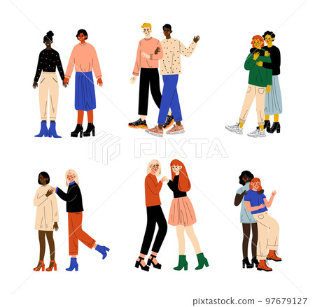 Homosexual Couple Embracing and Holding Hands Walking Together Vector Set 97679127